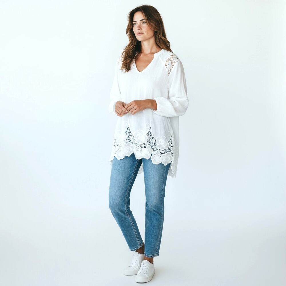ADIVA Semi Sheer White Boho Style Blouse White Lace 1X Feminine Coquette Boho